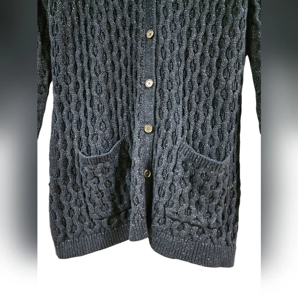 NEW! LANDS END navy blue/silver button down cardigan, chunky knit, size M/10-12